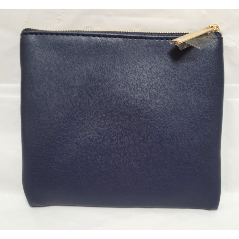 SeneGence Dark Navy Blue Square Leather Zippered Cosmetic Makeup Bag - Picture 2 of 3